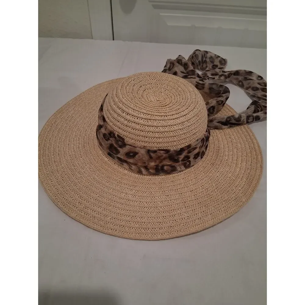 Women's Tan Straw Sun Hat Leopard Scarf Tie Wide Brim Style CS-7-8 Size 57cm